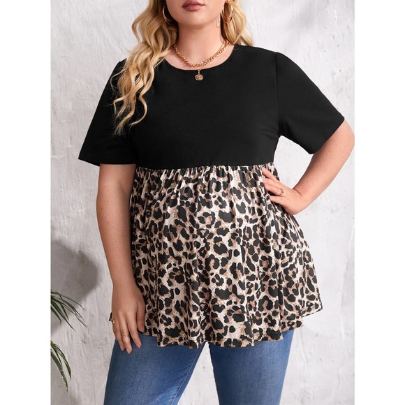 PLUS SIZE Maternity Leopard Ruffle Hem short sleeve tee black tan - Picture 1 of 5